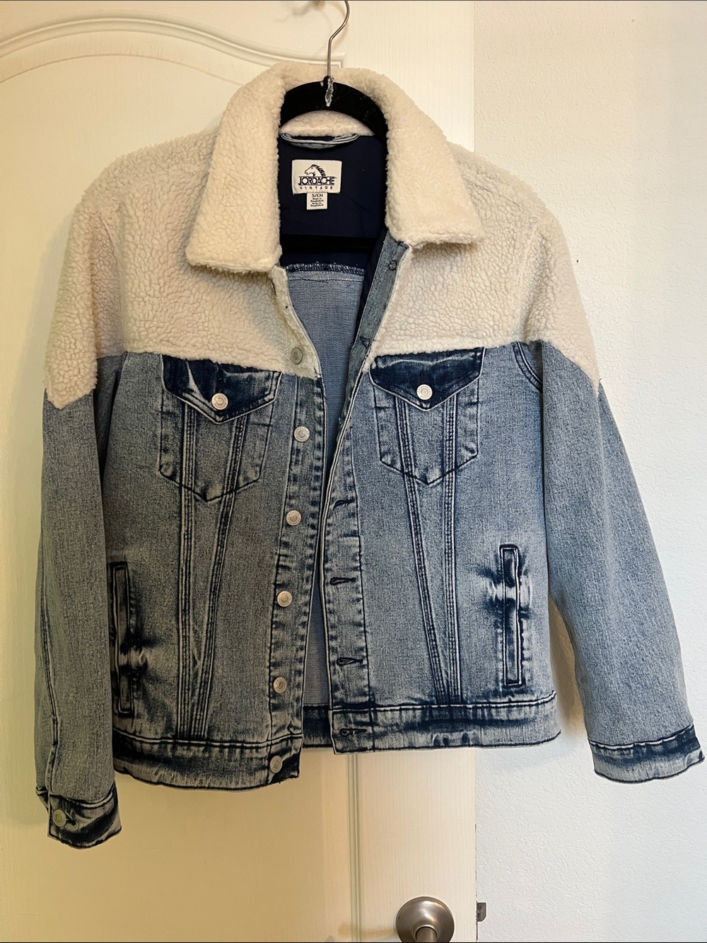 Jordache Light Blue Oversized Denim Jacket with Cream Sherpa Collar